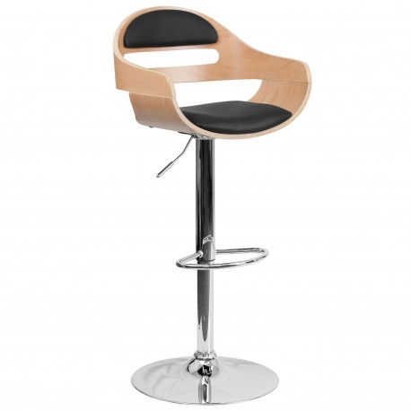 Beech Bentwood Adjustable Height Bar Stool with Black Vinyl Seat and Cutout Padded Back