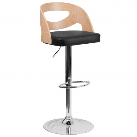 Beech Bentwood Adjustable Height Bar Stool with Black Vinyl Seat and Cutout Back