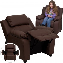 Deluxe Padded Contemporary Brown Leather Kids Recliner with Storage Arms