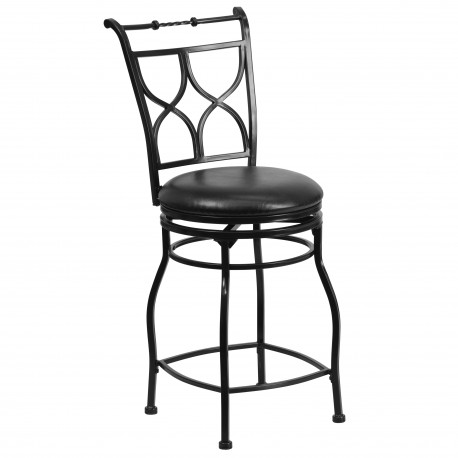 24'' Black Metal Counter Height Stool with Black Leather Swivel Seat