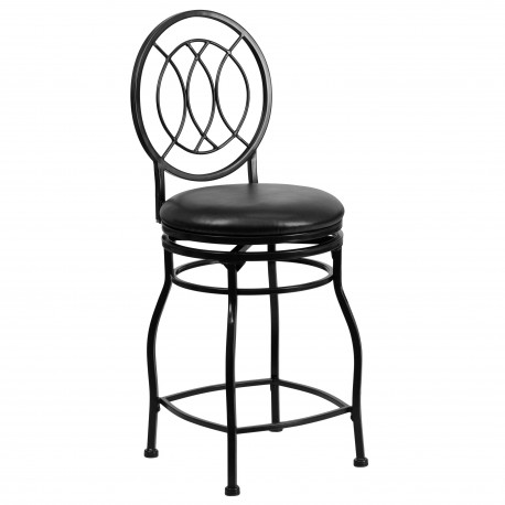 24'' Black Metal Counter Height Stool with Black Leather Swivel Seat
