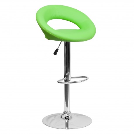 Contemporary Green Vinyl Rounded Back Adjustable Height Bar Stool with Chrome Base