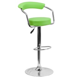 Contemporary Green Vinyl Adjustable Height Bar Stool with Arms and Chrome Base