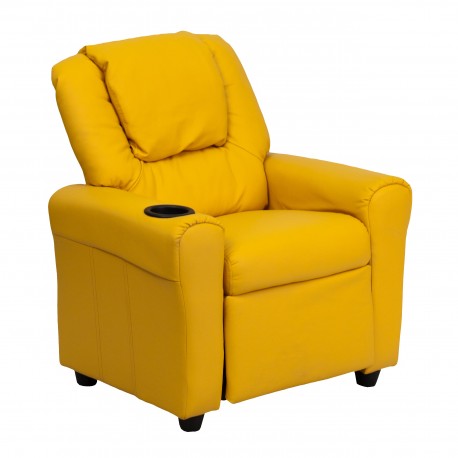 Contemporary Yellow Vinyl Kids Recliner with Cup Holder and Headrest