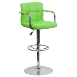 Contemporary Green Quilted Vinyl Adjustable Height Bar Stool with Arms and Chrome Base