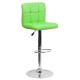 Contemporary Green Quilted Vinyl Adjustable Height Bar Stool with Chrome Base