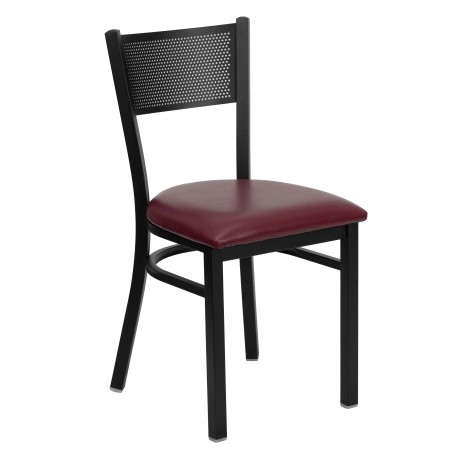 Black Grid Back Metal Restaurant Chair - Burgundy Vinyl Seat