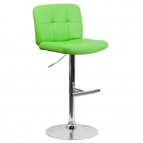 Contemporary Tufted Green Vinyl Adjustable Height Bar Stool with Chrome Base