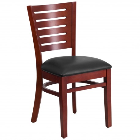 Fervent Collection Slat Back Mahogany Wooden Restaurant Chair - Black Vinyl Seat