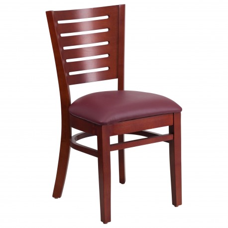 Fervent Collection Slat Back Mahogany Wooden Restaurant Chair - Burgundy Vinyl Seat