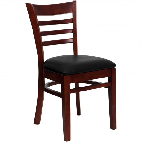 Mahogany Finished Ladder Back Wooden Restaurant Chair - Black Vinyl Seat