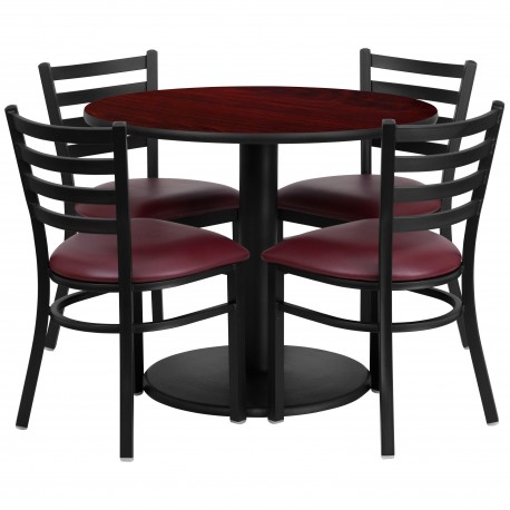 36'' Round Mahogany Laminate Table Set with 4 Ladder Back Metal Chairs - Burgundy Vinyl Seat