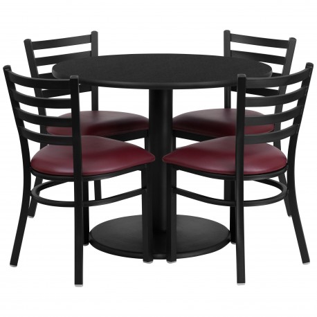 36'' Round Black Laminate Table Set with 4 Ladder Back Metal Chairs - Burgundy Vinyl Seat