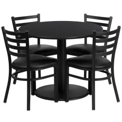 36'' Round Black Laminate Table Set with 4 Ladder Back Metal Chairs - Black Vinyl Seat