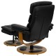 Contemporary Black Leather Recliner and Ottoman with Wood Base