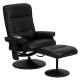 Massaging Black Leather Recliner and Ottoman with Leather Wrapped Base
