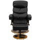 Contemporary Black Leather Recliner and Ottoman with Wood Base