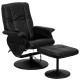 Massaging Black Leather Recliner and Ottoman with Leather Wrapped Base