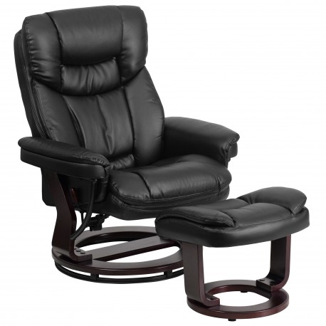 Contemporary Black Leather Recliner and Ottoman with Swiveling Mahogany Wood Base