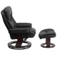 Contemporary Black Leather Recliner and Ottoman with Swiveling Mahogany Wood Base