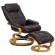 Contemporary Brown Leather Recliner and Ottoman with Swiveling Maple Wood Base