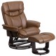 Contemporary Palimino Leather Recliner and Ottoman with Swiveling Mahogany Wood Base