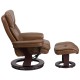 Contemporary Palimino Leather Recliner and Ottoman with Swiveling Mahogany Wood Base