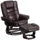 Contemporary Brown Leather Recliner and Ottoman with Swiveling Mahogany Wood Base