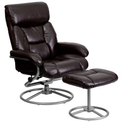Contemporary Brown Leather Recliner and Ottoman with Metal Base