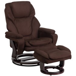 Contemporary Brown Microfiber Recliner and Ottoman with Swiveling Mahogany Wood Base