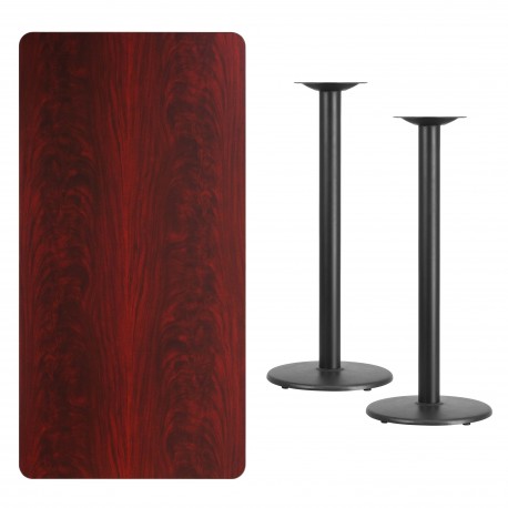 30'' x 60'' Rectangular Mahogany Laminate Table Top with 18'' Round Bar Height Table Bases