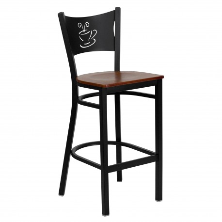 Black Coffee Back Metal Restaurant Bar Stool - Cherry Wood Seat
