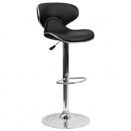 Contemporary Cozy Mid-Back Black Vinyl Adjustable Height Bar Stool with Chrome Base
