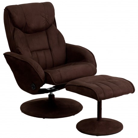 Contemporary Brown Microfiber Recliner and Ottoman with Circular Microfiber Wrapped Base