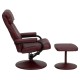 Contemporary Burgundy Leather Recliner and Ottoman with Leather Wrapped Base