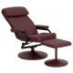 Contemporary Burgundy Leather Recliner and Ottoman with Leather Wrapped Base