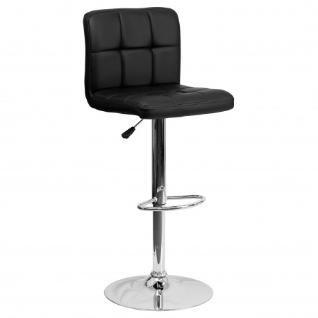 Contemporary Black Quilted Vinyl Adjustable Height Bar Stool with Chrome Base
