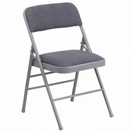 Triple Braced Gray Fabric Upholstered Metal Folding Chair