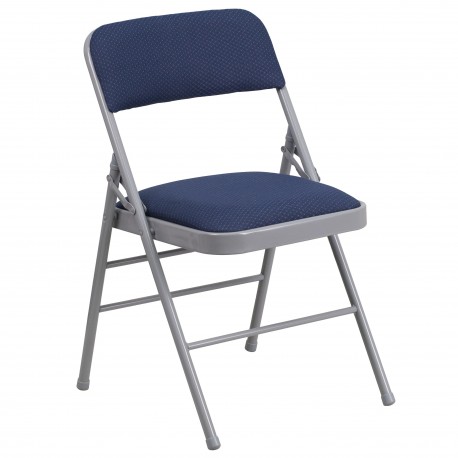 Triple Braced Navy Patterned Fabric Upholstered Metal Folding Chair