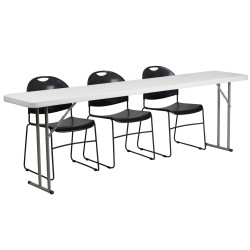 18'' x 96'' Plastic Folding Training Table with 3 Black Plastic Stack Chairs