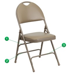 Extra Large Ultra-Premium Triple Braced Beige Vinyl Metal Folding Chair with Easy-Carry Handle