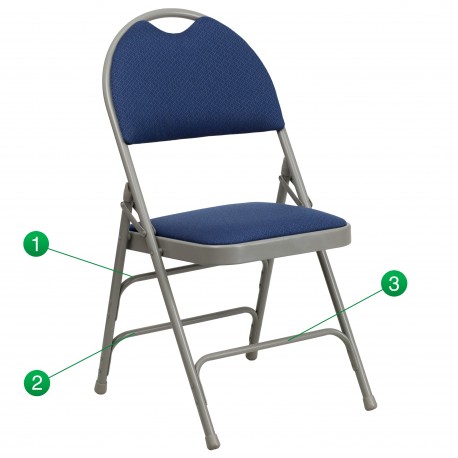 Extra Large Ultra-Premium Triple Braced Navy Fabric Metal Folding Chair with Easy-Carry Handle