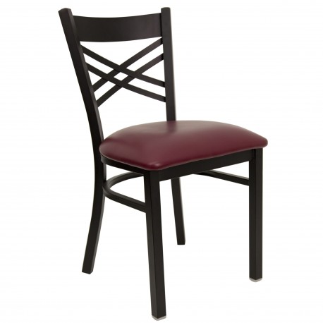 Black ''X'' Back Metal Restaurant Chair - Burgundy Vinyl Seat