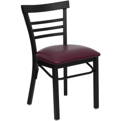 Black Ladder Back Metal Restaurant Chair - Burgundy Vinyl Seat