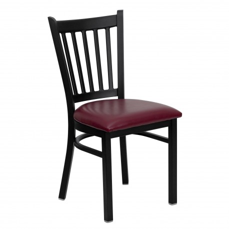 Black Vertical Back Metal Restaurant Chair - Burgundy Vinyl Seat