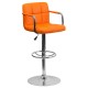 Contemporary Orange Quilted Vinyl Adjustable Height Bar Stool with Arms and Chrome Base