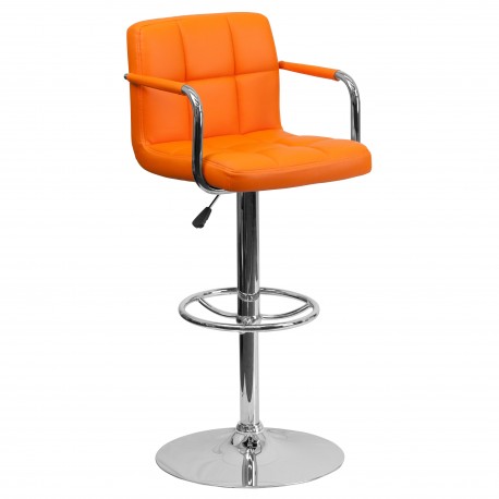 Contemporary Orange Quilted Vinyl Adjustable Height Bar Stool with Arms and Chrome Base