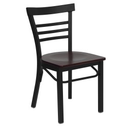 Black Ladder Back Metal Restaurant Chair - Mahogany Wood Seat