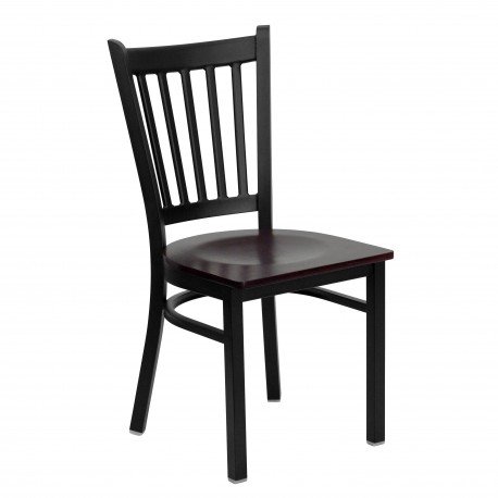 Black Vertical Back Metal Restaurant Chair - Mahogany Wood Seat