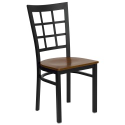 Black Window Back Metal Restaurant Chair - Cherry Wood Seat